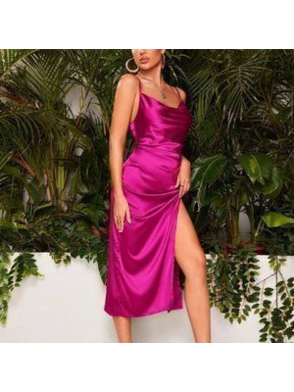 Pink Boho Womens Ruched Split Thigh Satin Cami Dress
